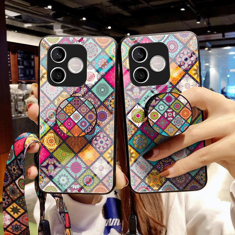 For Honor 600 Lite 5G Phone Case Kickstand Ethnic Pattern Tempered Glass Phone Cover with Strap - Checkered Pattern -  Color Pattern