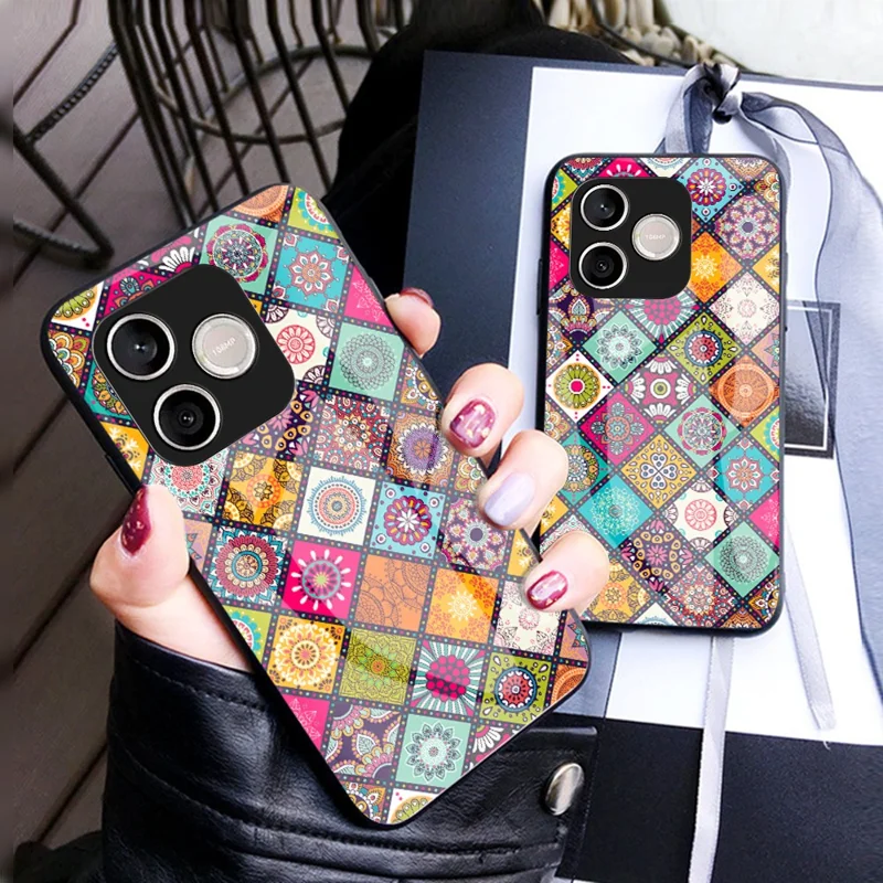 For Honor 600 Lite 5G Phone Case Kickstand Ethnic Pattern Tempered Glass Phone Cover with Strap - Checkered Pattern -  Color Pattern