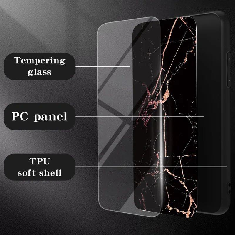 For Honor 600 Lite 5G Phone Case Marble Pattern Tempered Glass + PC + TPU Protective Phone Cover - Black Marble