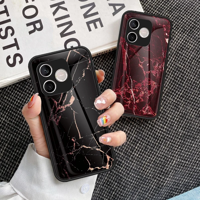 For Honor 600 Lite 5G Phone Case Marble Pattern Tempered Glass + PC + TPU Protective Phone Cover - Black Marble