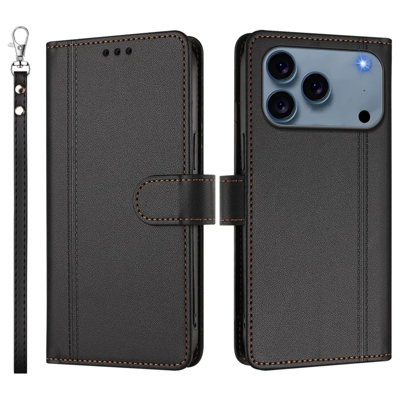 Funda para iPhone 17 Pro Max con 9 Ranuras para Tarjetas, Cartera de Cuero PU con Correa de Mano - Negro