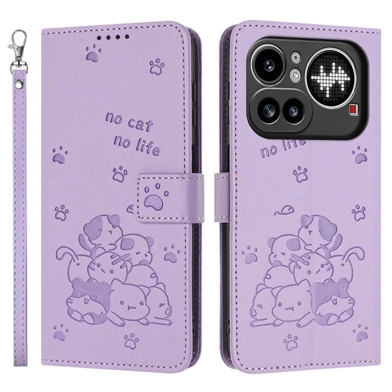 För Nothing Phone (4a) Pro plånboksfodral med kattmönster Läderhölje med rem - Lila