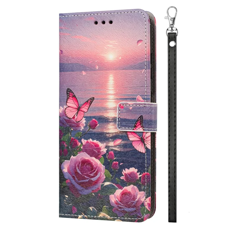 Funda tipo cartera con tapa de cuero PU con estampado de mariposa rosa para iPhone 17, con correa de mano
