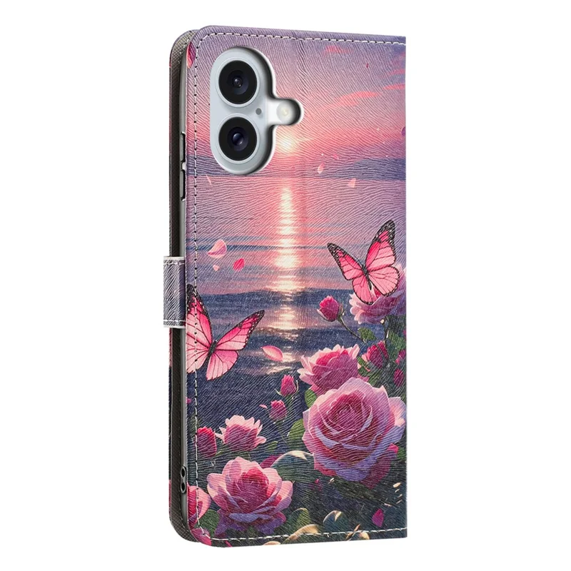 Funda tipo cartera con tapa de cuero PU con estampado de mariposa rosa para iPhone 17, con correa de mano