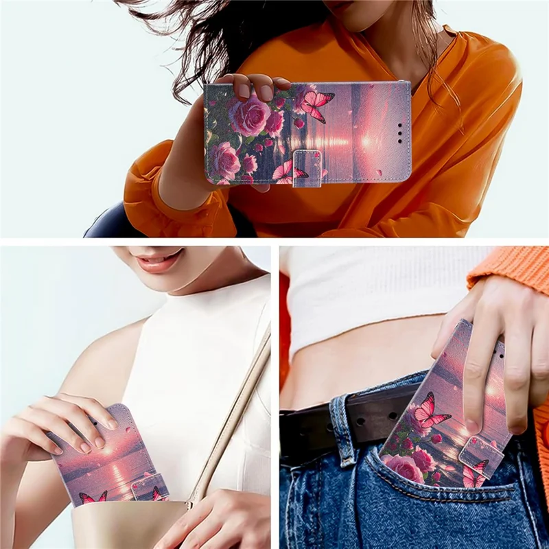 Funda tipo cartera con tapa de cuero PU con estampado de mariposa rosa para iPhone 17, con correa de mano