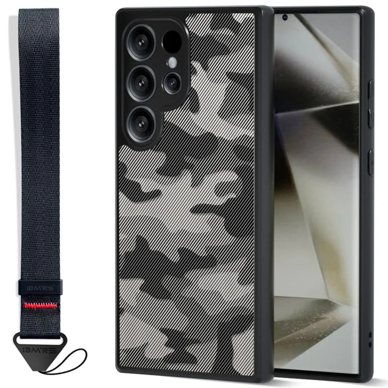 IBMRS pour Samsung Galaxy S25 Ultra Coque de Téléphone Souple en TPU + Coque Rigide en PC avec Sangle de Poignet (Découpes Précises) - Camouflage Artistique