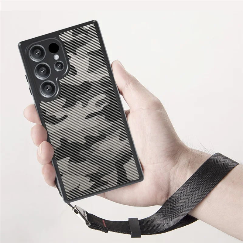 IBMRS pour Samsung Galaxy S25 Ultra Coque de Téléphone Souple en TPU + Coque Rigide en PC avec Sangle de Poignet (Découpes Précises) - Camouflage Artistique