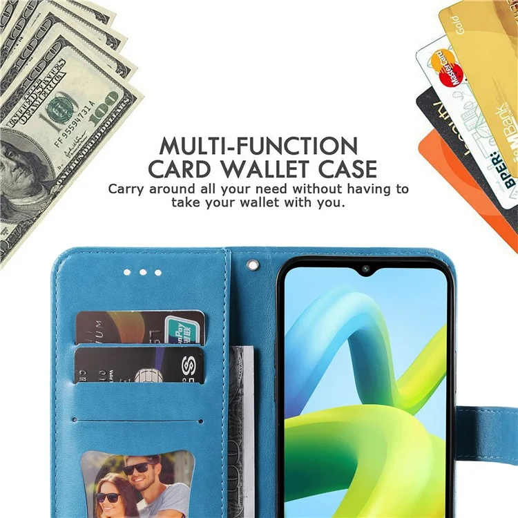 Pour Xiaomi Redmi a1 + 4G (avec Trou D'empreinte Digitale) Fleur de Fleur de Fermeture Magnétique PU Portefeuille de Boîtier en Cuir PU Soble Flip Protection Flip Téléphone Avec Strap - Bleu