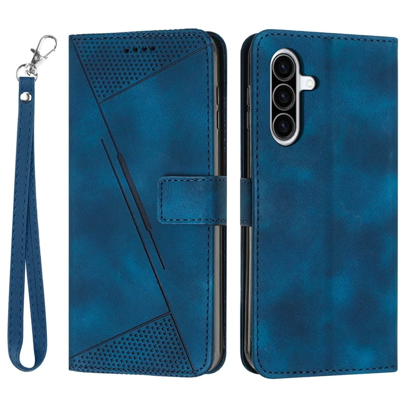Capa de Couro para Samsung Galaxy A27 com Estampa de Triângulos, Capa de Telefone com Alça de Mão - Azul