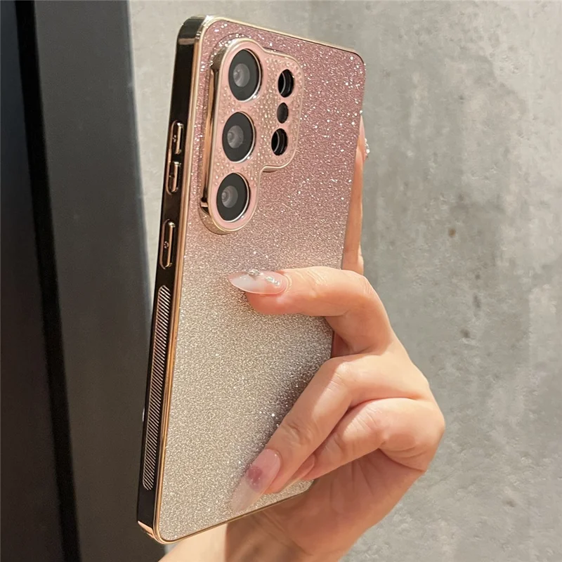 For Samsung Galaxy S25 Ultra Case Gradient Glitter TPU+PC Phone Cover with Rhinestones Decor Camera Frame - Gradient Pink