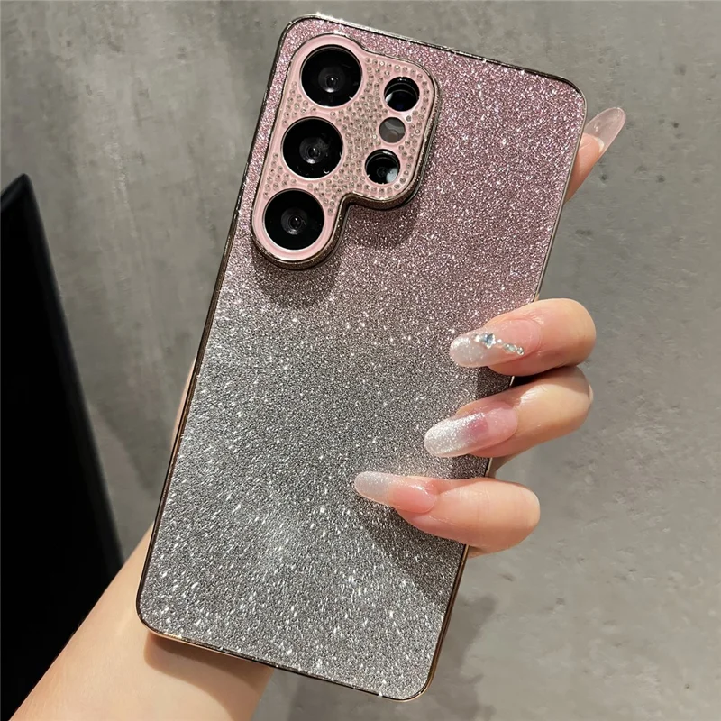 For Samsung Galaxy S25 Ultra Case Gradient Glitter TPU+PC Phone Cover with Rhinestones Decor Camera Frame - Gradient Pink