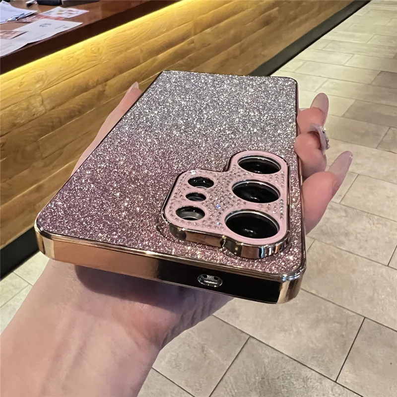 For Samsung Galaxy S25 Ultra Case Gradient Glitter TPU+PC Phone Cover with Rhinestones Decor Camera Frame - Gradient Pink
