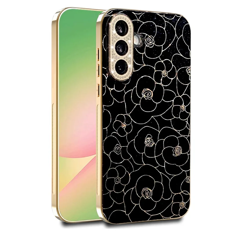 Samsung Galaxy A37 5G-skalskåll med diamantbesatta kameraringar, blommönster, TPU PC, stötsäkert skyddande skåll - Svart