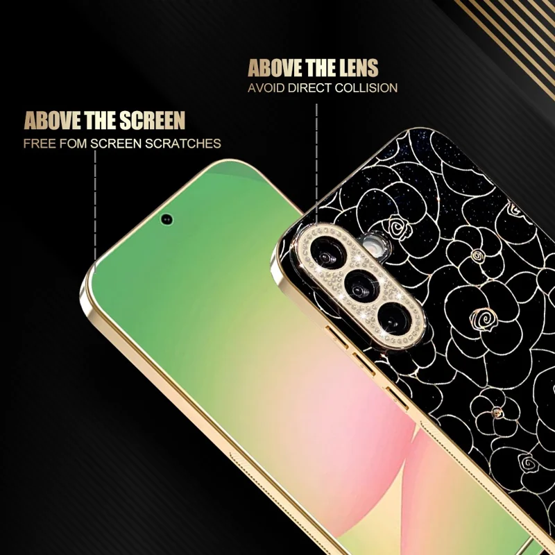 Samsung Galaxy A37 5G-skalskåll med diamantbesatta kameraringar, blommönster, TPU PC, stötsäkert skyddande skåll - Svart