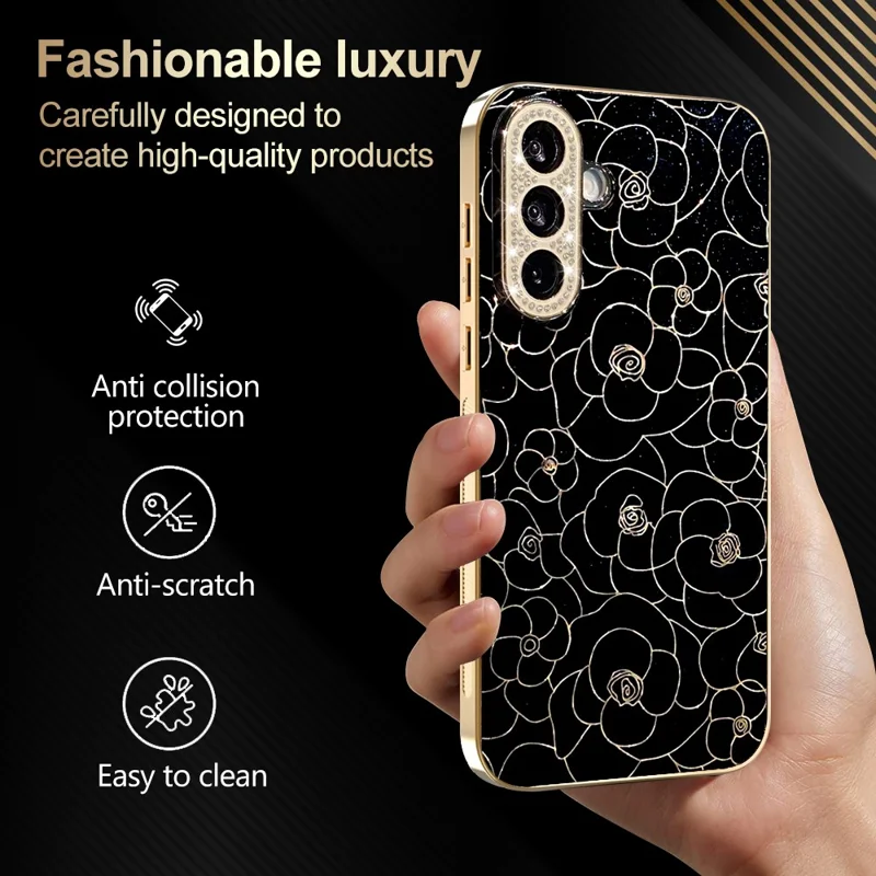 Samsung Galaxy A37 5G-skalskåll med diamantbesatta kameraringar, blommönster, TPU PC, stötsäkert skyddande skåll - Svart