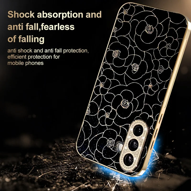Samsung Galaxy A37 5G-skalskåll med diamantbesatta kameraringar, blommönster, TPU PC, stötsäkert skyddande skåll - Svart