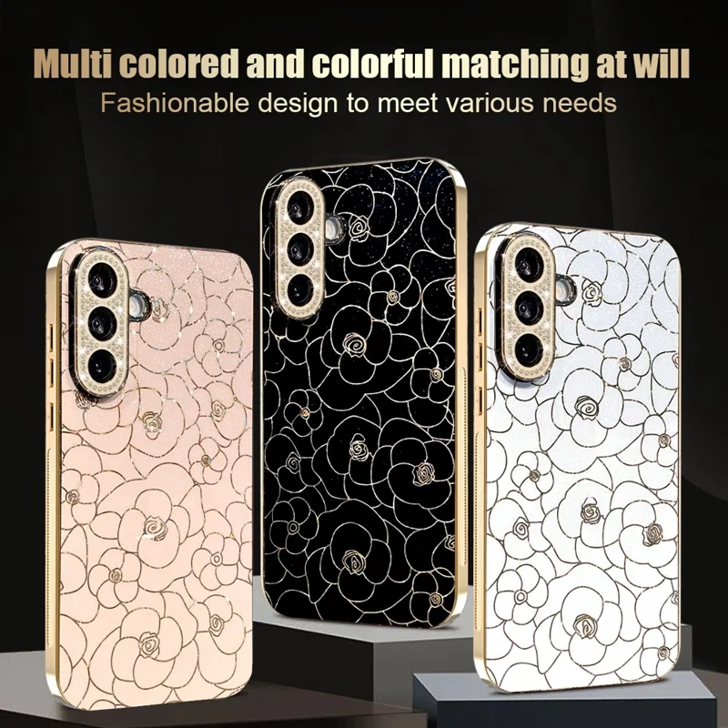 Samsung Galaxy A37 5G-skalskåll med diamantbesatta kameraringar, blommönster, TPU PC, stötsäkert skyddande skåll - Svart