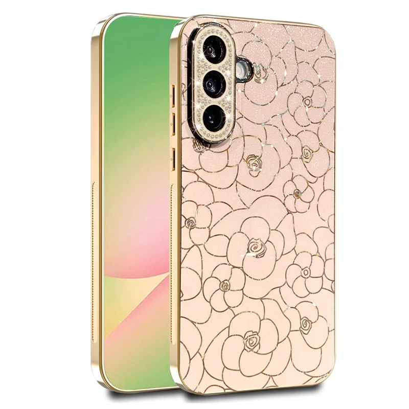 Samsung Galaxy A26 5G-taske med diamantbesat kamera-ring og blomstermønster, chokabsorberende beskyttelsesdæksel i TPU og PC - Pink