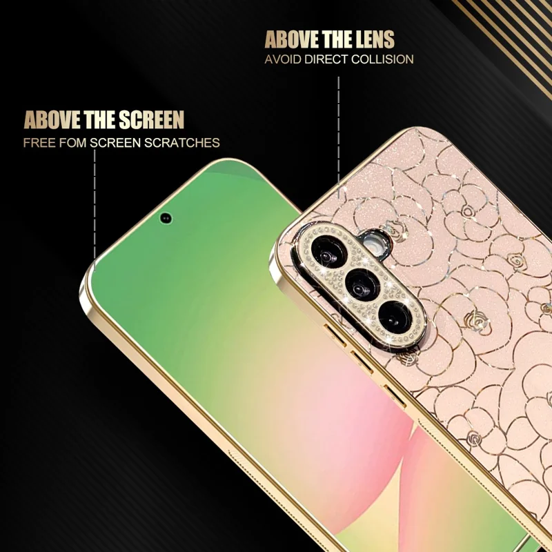 Samsung Galaxy A26 5G-taske med diamantbesat kamera-ring og blomstermønster, chokabsorberende beskyttelsesdæksel i TPU og PC - Pink