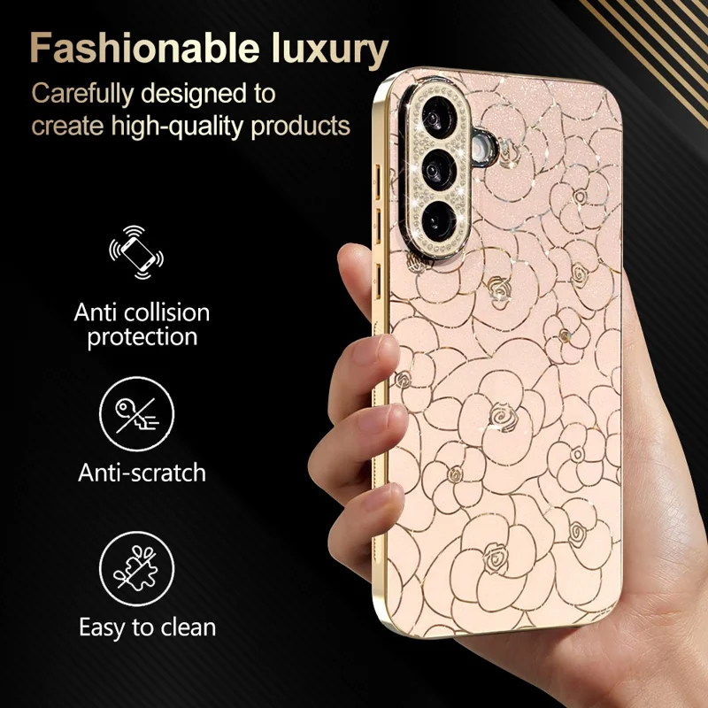 Samsung Galaxy A26 5G-taske med diamantbesat kamera-ring og blomstermønster, chokabsorberende beskyttelsesdæksel i TPU og PC - Pink