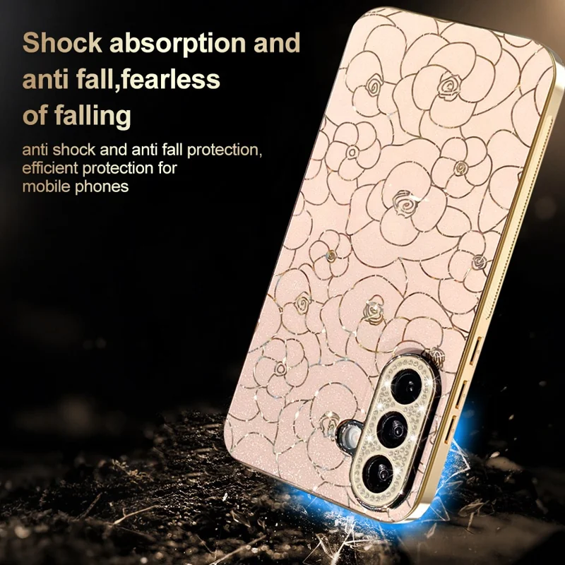 Samsung Galaxy A26 5G-taske med diamantbesat kamera-ring og blomstermønster, chokabsorberende beskyttelsesdæksel i TPU og PC - Pink