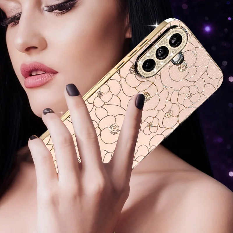 Samsung Galaxy A26 5G-taske med diamantbesat kamera-ring og blomstermønster, chokabsorberende beskyttelsesdæksel i TPU og PC - Pink