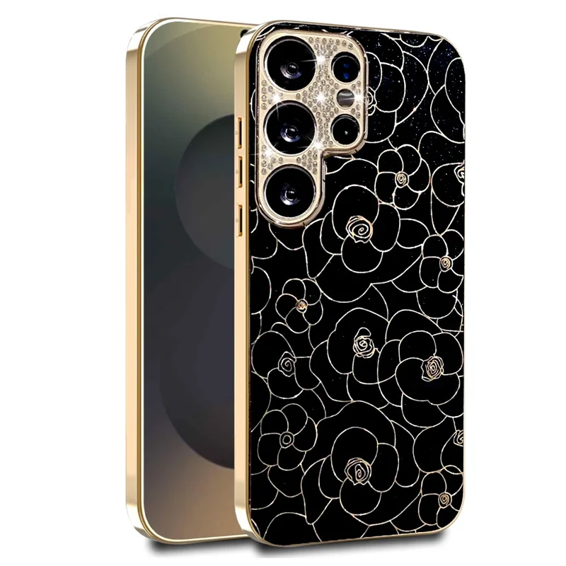 Voor Samsung Galaxy S25 Ultra Case Diamant Camera Ring Bloemenpatroon TPU PC Schokbestendige Beschermlaag - Zwart