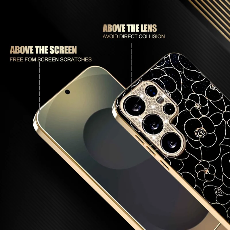 Voor Samsung Galaxy S25 Ultra Case Diamant Camera Ring Bloemenpatroon TPU PC Schokbestendige Beschermlaag - Zwart