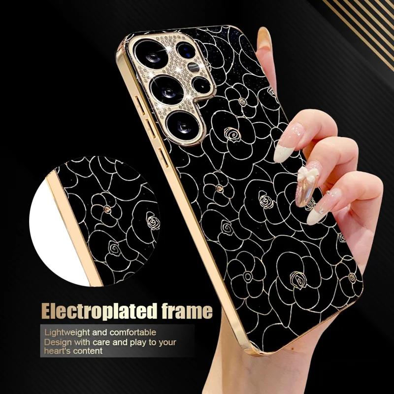 Voor Samsung Galaxy S25 Ultra Case Diamant Camera Ring Bloemenpatroon TPU PC Schokbestendige Beschermlaag - Zwart