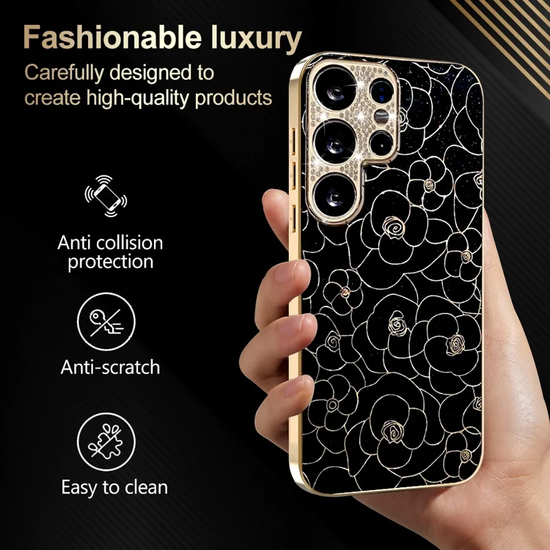 Voor Samsung Galaxy S25 Ultra Case Diamant Camera Ring Bloemenpatroon TPU PC Schokbestendige Beschermlaag - Zwart