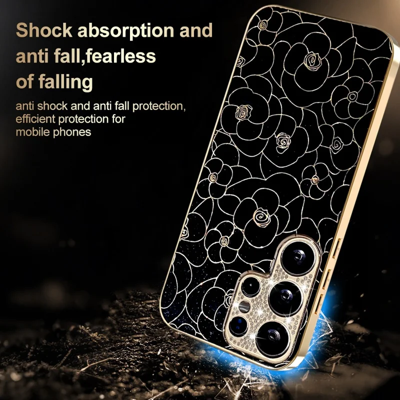 Voor Samsung Galaxy S25 Ultra Case Diamant Camera Ring Bloemenpatroon TPU PC Schokbestendige Beschermlaag - Zwart