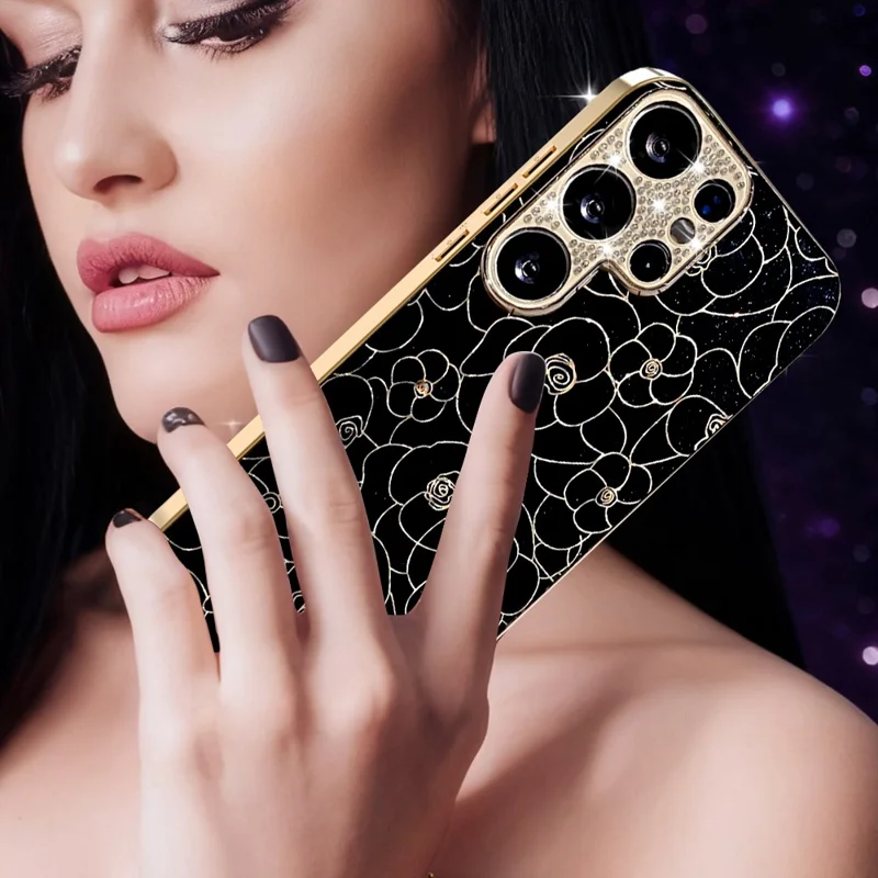 Voor Samsung Galaxy S25 Ultra Case Diamant Camera Ring Bloemenpatroon TPU PC Schokbestendige Beschermlaag - Zwart