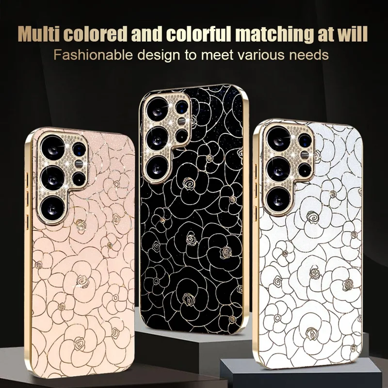 Voor Samsung Galaxy S25 Ultra Case Diamant Camera Ring Bloemenpatroon TPU PC Schokbestendige Beschermlaag - Zwart