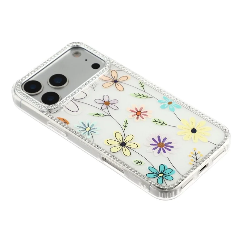 For iPhone 18 Pro / 17 Pro Case Rhinestone Edge Flower TPU + PC IMD Phone Cover - F3