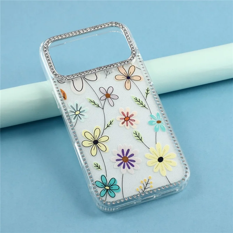 For iPhone 18 Pro / 17 Pro Case Rhinestone Edge Flower TPU + PC IMD Phone Cover - F3