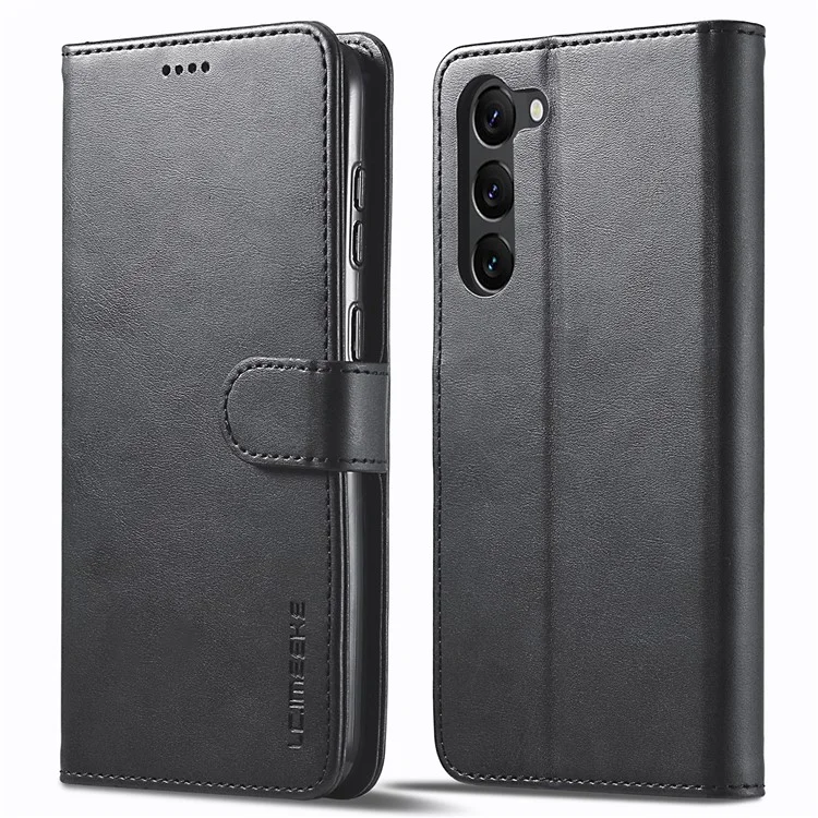 LC.IMEEKE Shockproof Phone Case For Samsung Galaxy S23+, Calf Texture Magnetic Clasp PU Leather Wallet Stand Protective Cell Phone Cover - Black