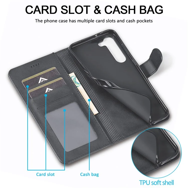 LC.IMEEKE Shockproof Phone Case For Samsung Galaxy S23+, Calf Texture Magnetic Clasp PU Leather Wallet Stand Protective Cell Phone Cover - Black