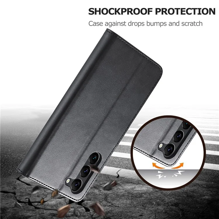 LC.IMEEKE Shockproof Phone Case For Samsung Galaxy S23+, Calf Texture Magnetic Clasp PU Leather Wallet Stand Protective Cell Phone Cover - Black