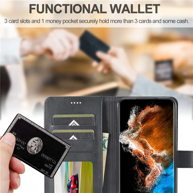 LC.IMEEKE Shockproof Phone Case For Samsung Galaxy S23+, Calf Texture Magnetic Clasp PU Leather Wallet Stand Protective Cell Phone Cover - Black