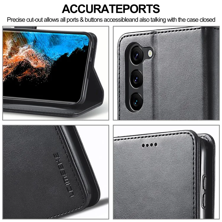 LC.IMEEKE Shockproof Phone Case For Samsung Galaxy S23+, Calf Texture Magnetic Clasp PU Leather Wallet Stand Protective Cell Phone Cover - Black