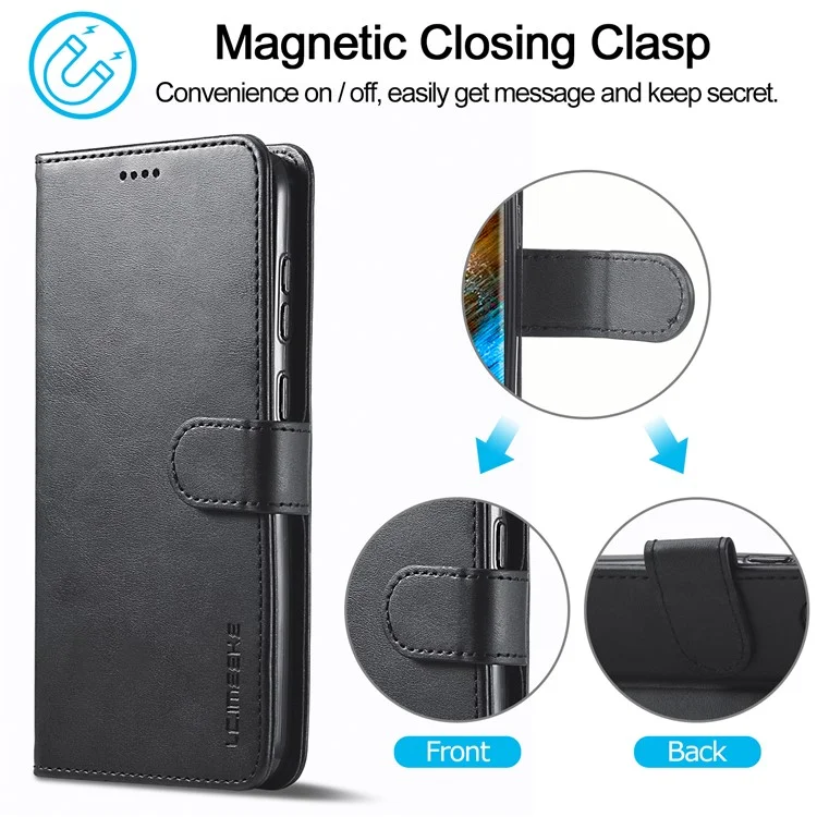 LC.IMEEKE Shockproof Phone Case For Samsung Galaxy S23+, Calf Texture Magnetic Clasp PU Leather Wallet Stand Protective Cell Phone Cover - Black