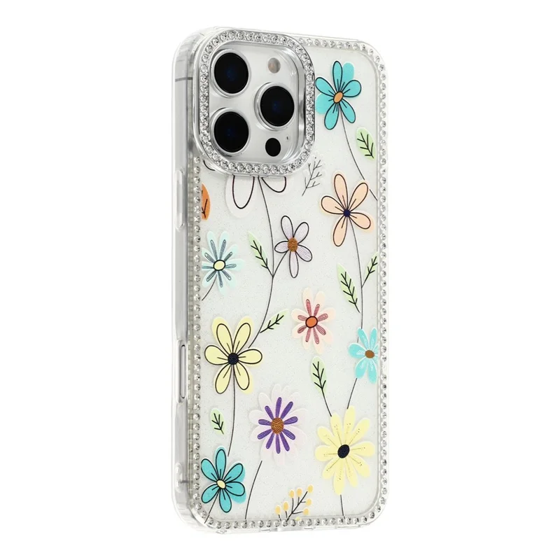 Coque pour iPhone 16 Pro Max avec bordure strass et fleur TPU + PC IMD - F3