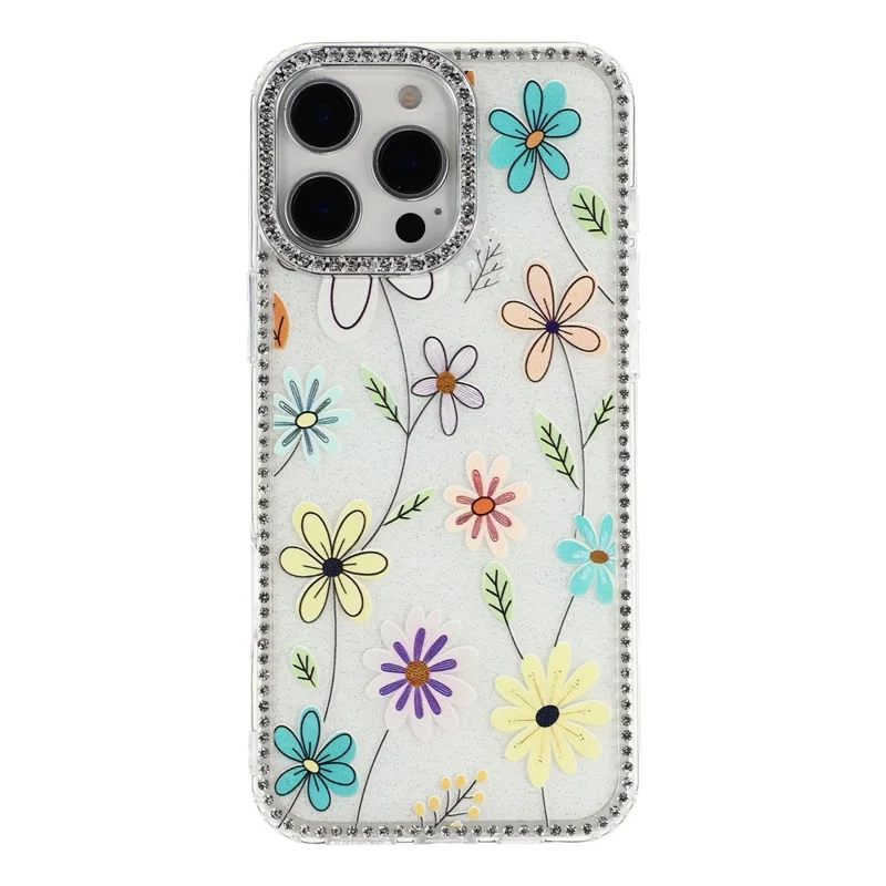 Coque pour iPhone 16 Pro Max avec bordure strass et fleur TPU + PC IMD - F3