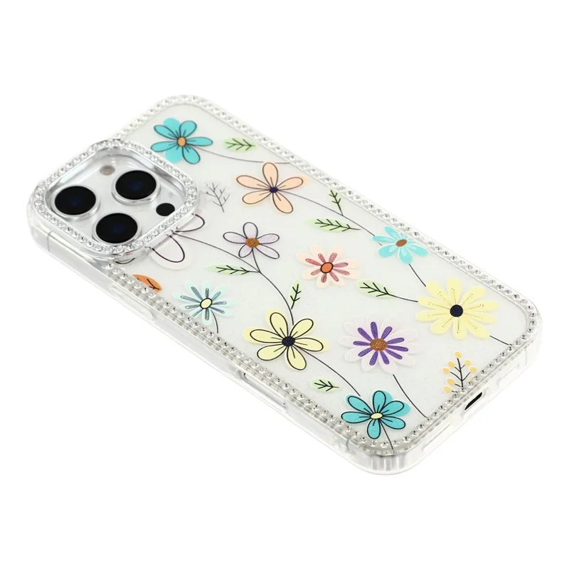 Coque pour iPhone 16 Pro Max avec bordure strass et fleur TPU + PC IMD - F3