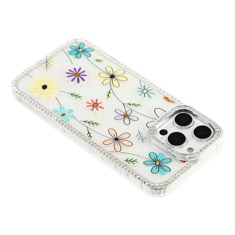 Coque pour iPhone 16 Pro Max avec bordure strass et fleur TPU + PC IMD - F3