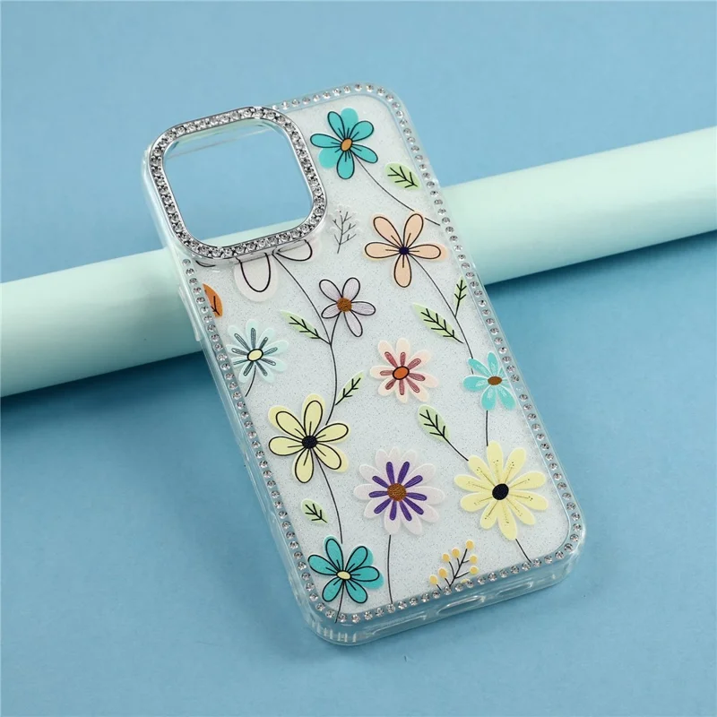 Coque pour iPhone 16 Pro Max avec bordure strass et fleur TPU + PC IMD - F3