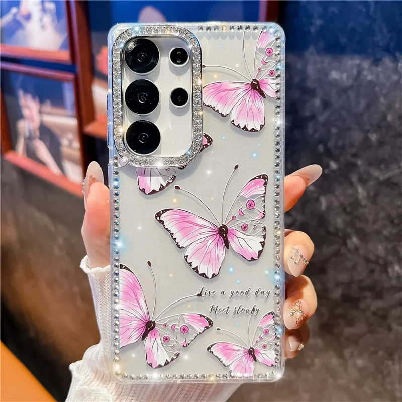 Funda para Samsung Galaxy S25 Ultra con Diseño de Mariposa y Diamantes de Imitación, Carcasa de TPU + PC con Proceso IMD - B1
