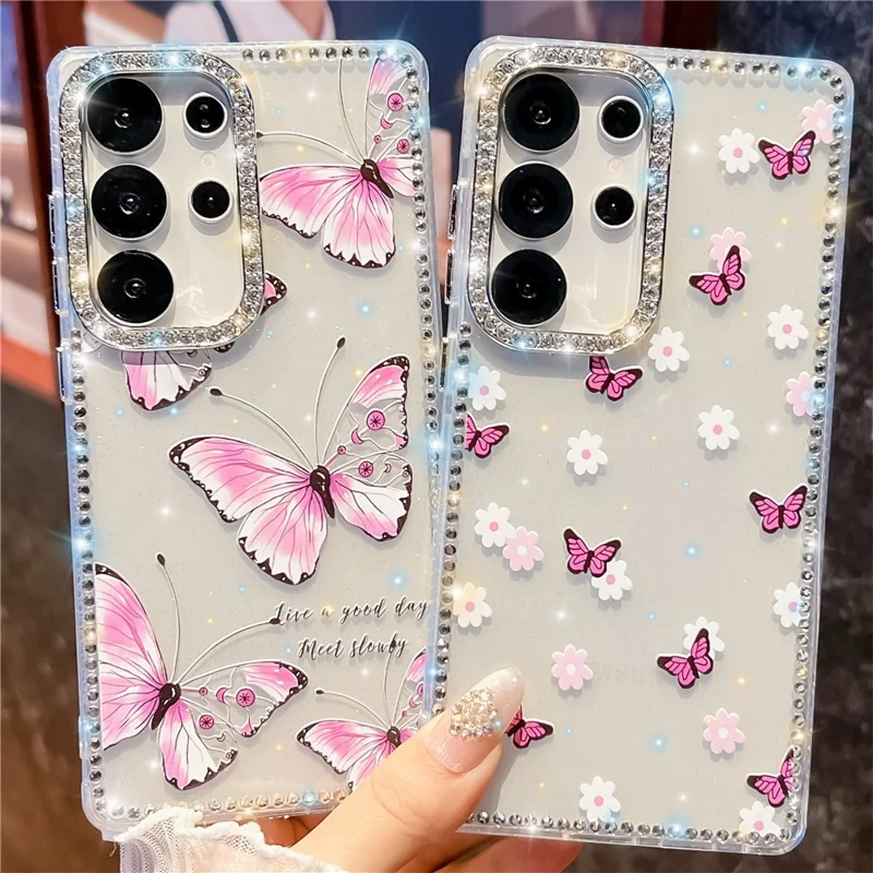 Funda para Samsung Galaxy S25 Ultra con Diseño de Mariposa y Diamantes de Imitación, Carcasa de TPU + PC con Proceso IMD - B1