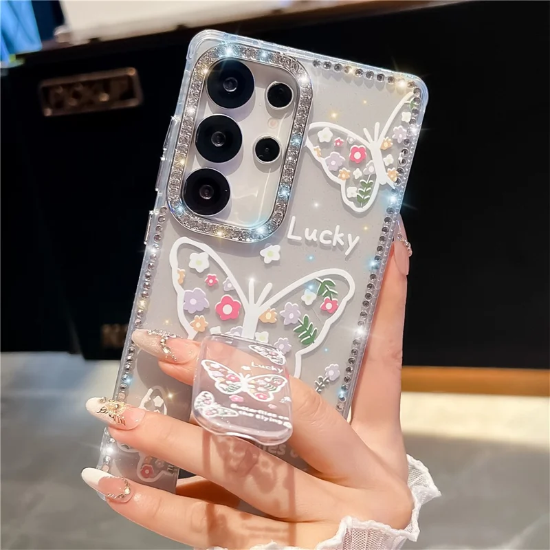 Funda para Samsung Galaxy S25 Ultra con Diseño de Mariposa y Diamantes de Imitación, Carcasa de TPU + PC con Proceso IMD - B1