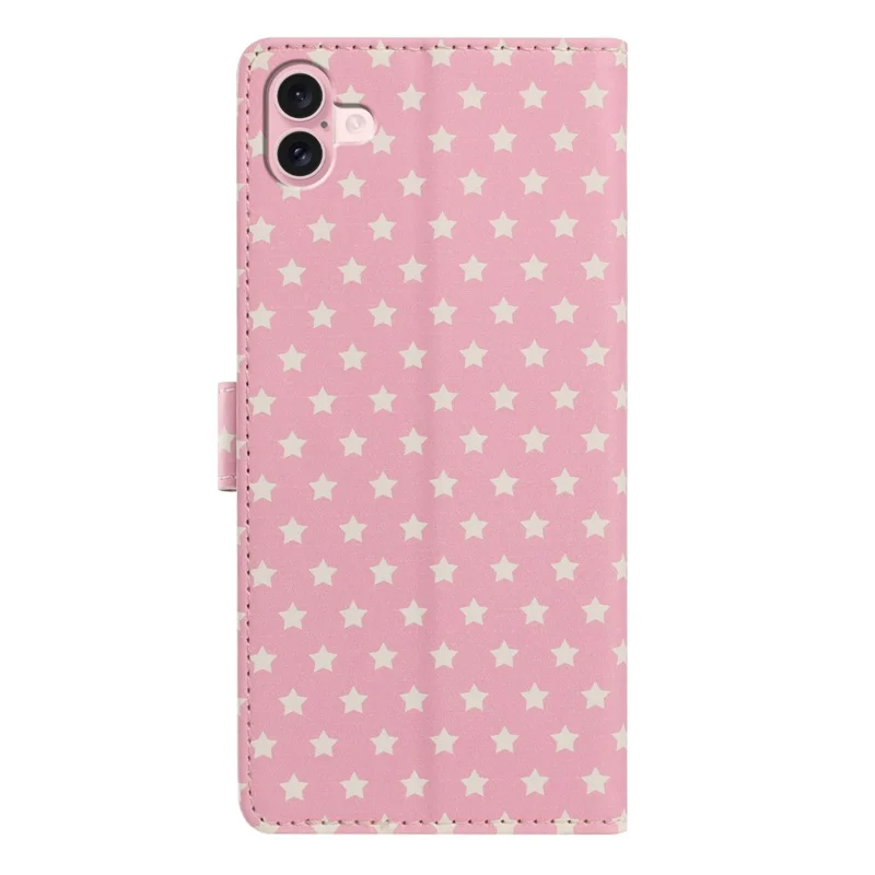 Capa para iPhone 16 com Estrelas, em Pele Sintética PU, com Suporte e Carteira, com Alça de Pulso - Rosa